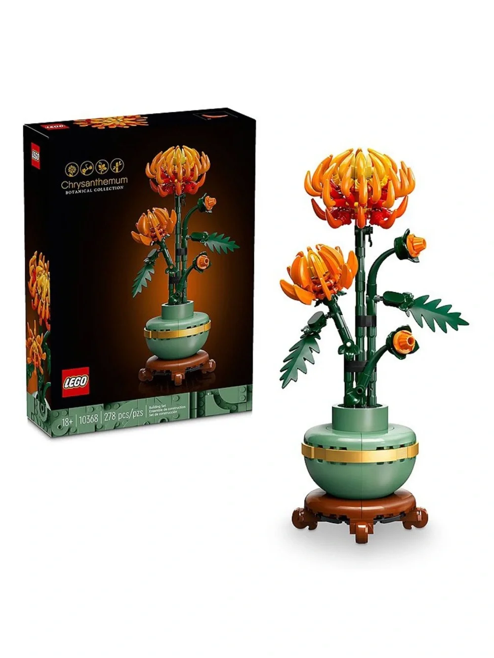 Lego Chrysanthemum Botanical Build — Orange and Green Floral Display